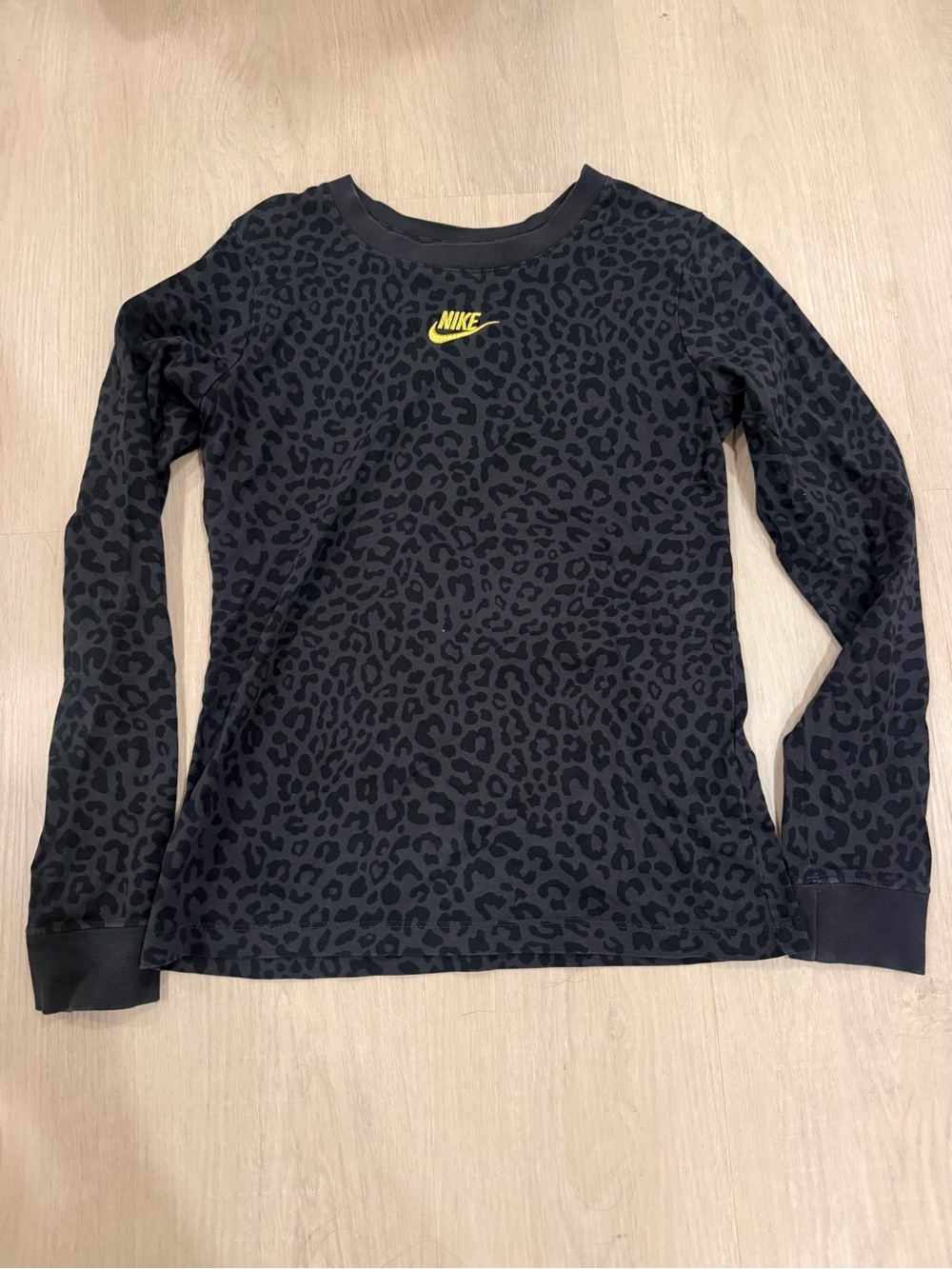 Nike Black Leopard-Print Long Sleeve Top with Yellow Swoosh